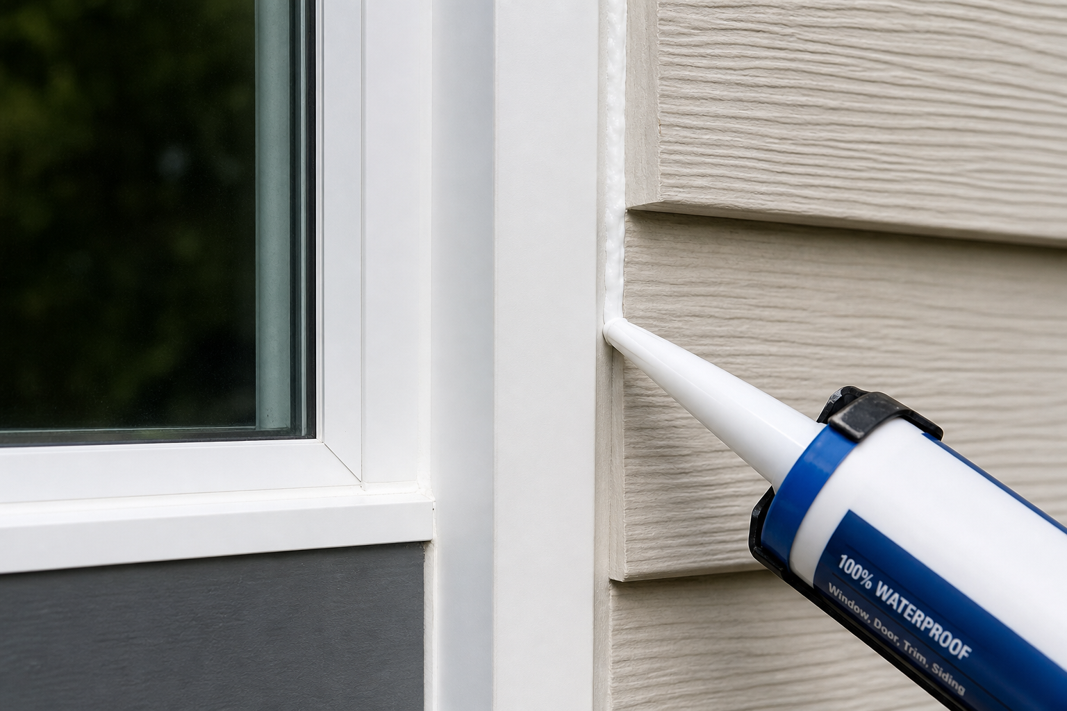 Caulking and sealant applied along a window frame joint