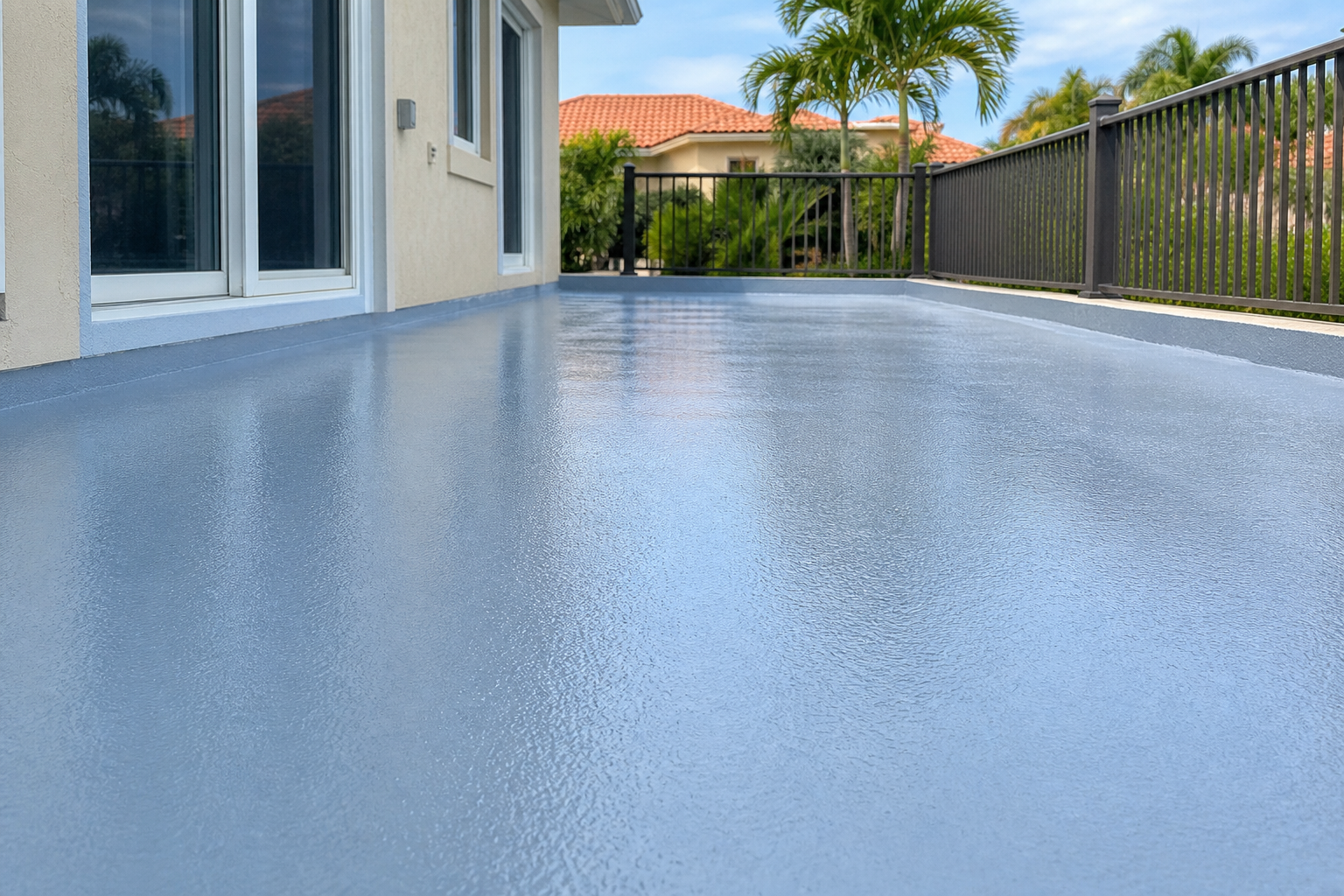 Waterproof membrane applied to a residential deck surface